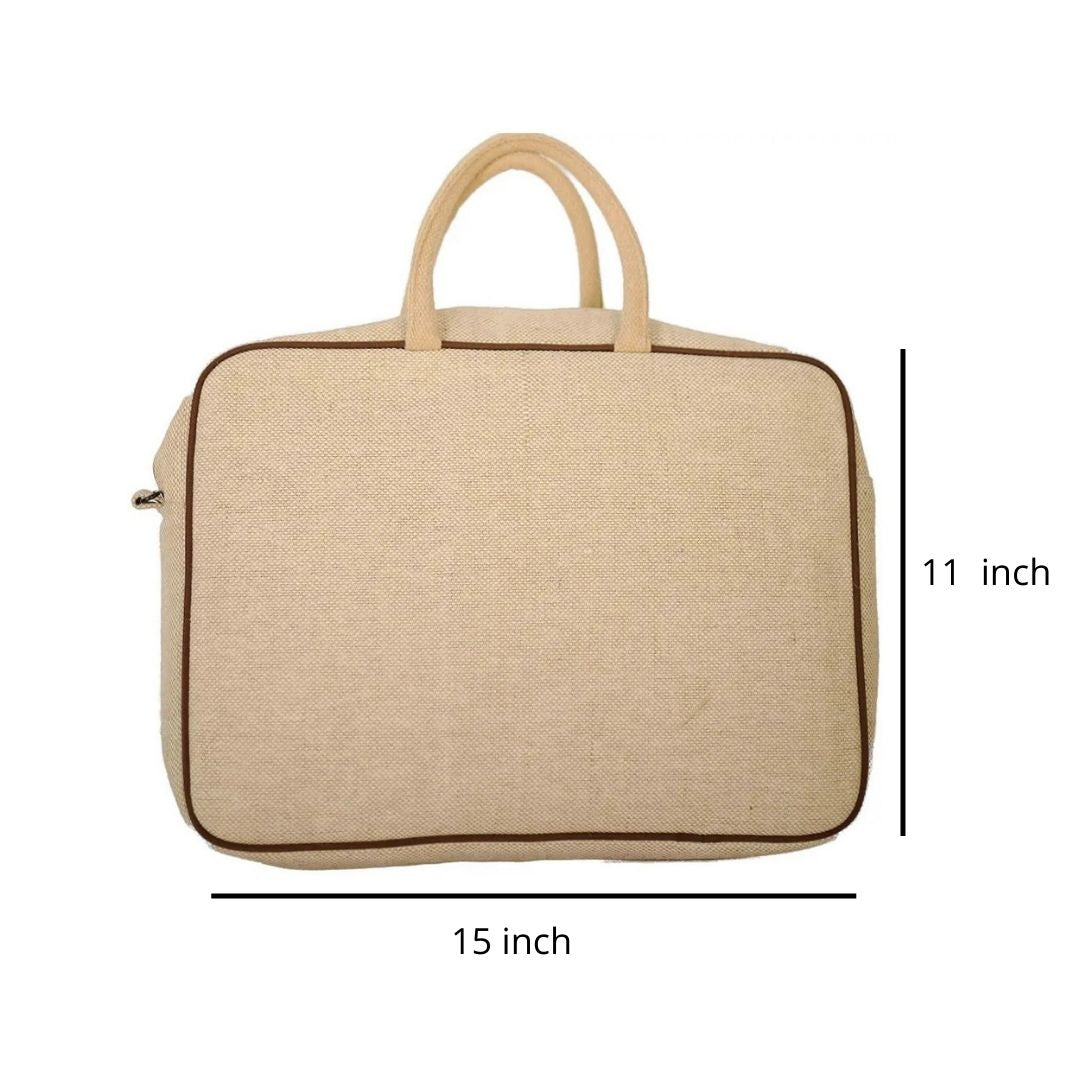 Jute Office Bag | Single Compartment Cotton Lamination Zip Closure | 410GSM WCC 10KG|15L x 11H x 1.5G | Natural